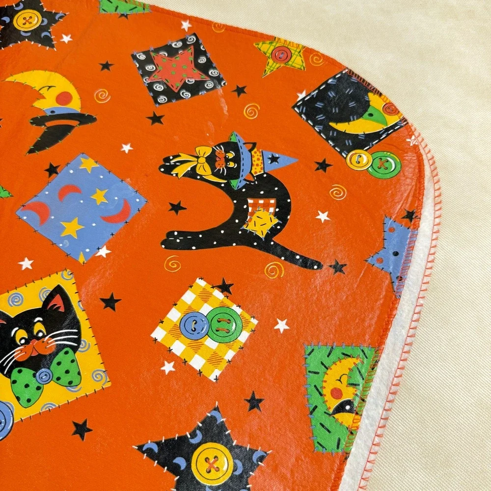 Halloween Vinyl/Flannel Backed Tablecloth Orange Black Cat Moon Stars 86